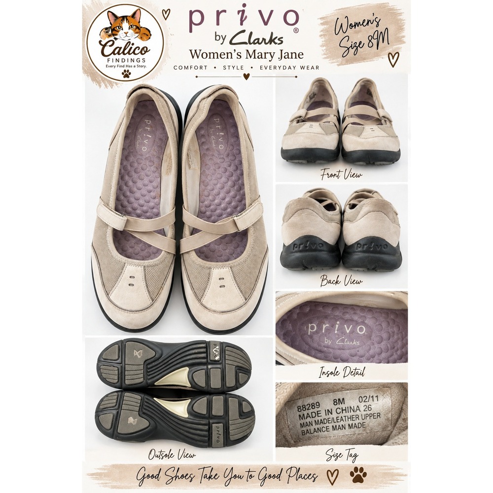 Privo by Clarks Womens 8M Tan Leather Mesh Mary Jane Comfort Flats